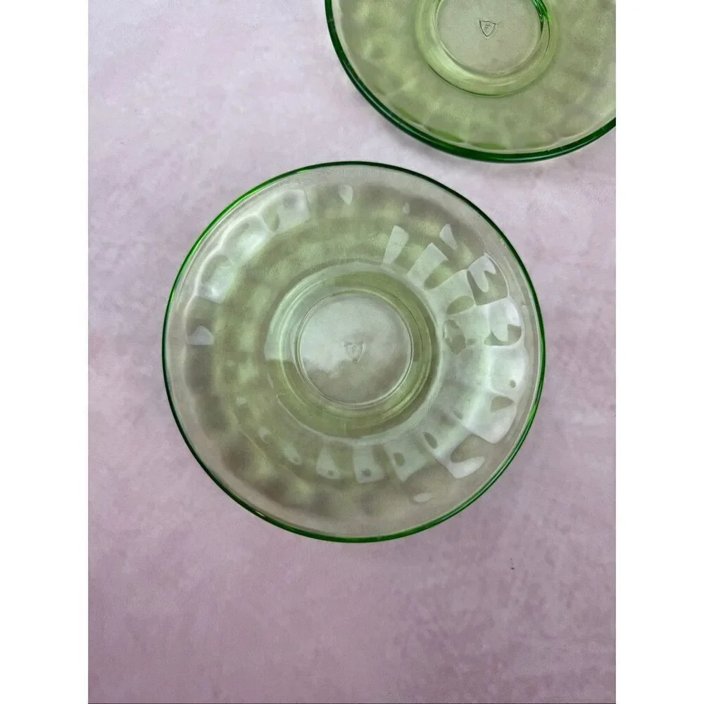 Vintage Federal Green Depression Uranium Glass Saucers Plates 5.5 Inch Set of 2
